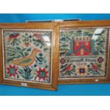A pair of Victorian woolwork tapestry samplers by Elisabeth Price, 1884, 32 cm square, burr walnut