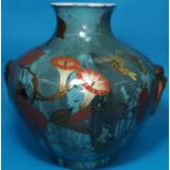 A hand painted Japanese studio pottery vase decorated with a drip glaze, flowers and butterflies etc
