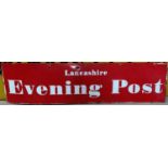 A large red ground enamel sign 'Lancashire Evening Post' length 73" height 18" (some rusting)