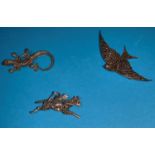 3 x 1930's marcasite and white metal brooches in the form of a bird, a lizard and a racehorse with