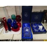 An Edinburgh crystal commemorative decanter boxed and a selection of coloured and other glassware