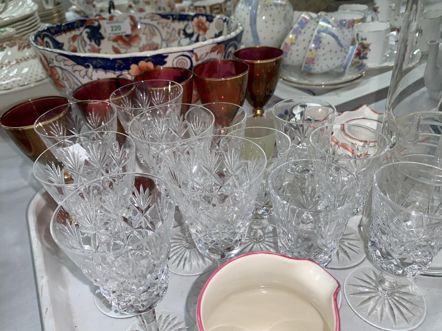 An Amhurst bowl; 2 18th century style delft inkwells and a bud vase; a cut decanter and drinking - Image 3 of 4