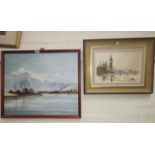 Alan Chapman: Lake scene, oil on board, signed, framed; 2 prints of Stockport; a gilt wall mirror;