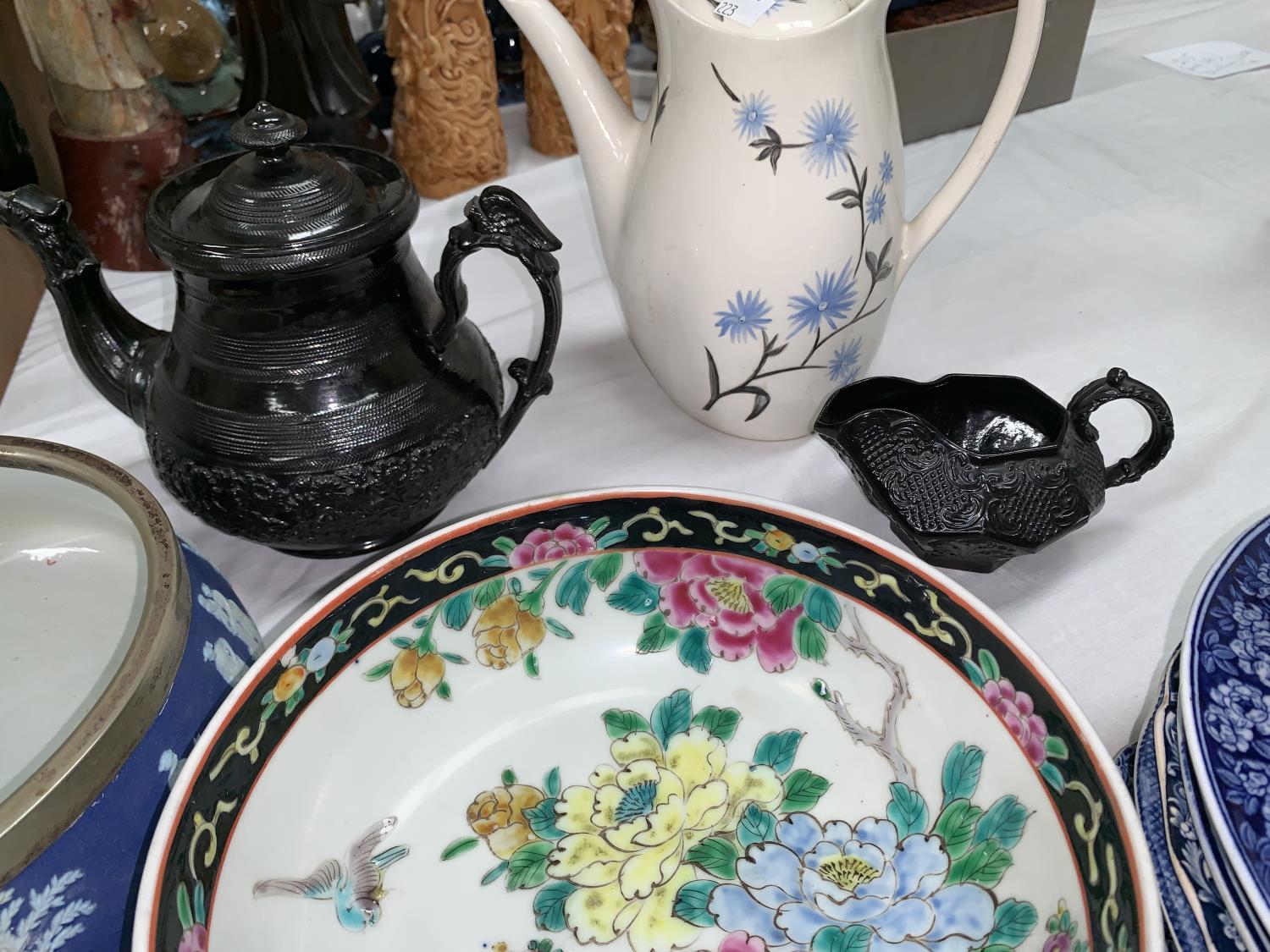 A Wedgwood blue jasperware bowl; a 19th century black stoneware teapot and jug; an Abbey blue - Image 2 of 4