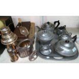 A 1930's 4 piece beaten pewter tea set and tray; silver plated cutlery, boxed and loose; a