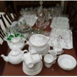 A Chodziez dinner and tea service, white with gilt borders; a part tea set, coloured square pattern;