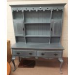 A Georgian style oak high dresser in 'antique' grey finish, the 2 height delft rack back with