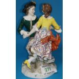 A 19th century porcelain group in the Derby manor depicting a young man and woman in 18th century