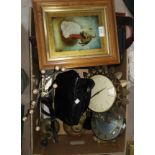 A crystoleum type picture of a young Victoria and Albert; 3 vintage mantel clocks; a brass