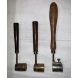 2 x 19th Century adjustable brass powder measures with turned wood handles; a similar chromed