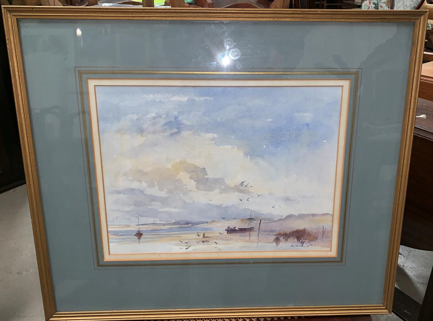 John Taunton: Beach scene with beached boat, watercolour, signed, framed and glazed