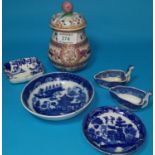 A modern Chinese lidded pot with enamelled decoration, five items of blue and white pottery