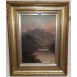 19th Century: Loch scene at sunset, oil on canvas, signed indistinctly, 13.5" x 9.5", in gilt frame