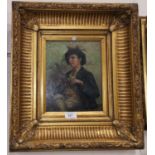 20th Century: 19th century style three quarter length portrait, boy in fancy hat with flute, oil