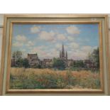 Jean Kevorkian: "Kerlaz", village scene with gothic spire, oil on canvas, signed, 21" x 28"