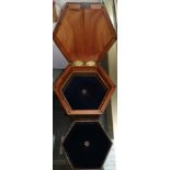 A solid yew wood hexagonal jewellery box fitted 2 trays, height 13 cm