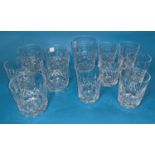 A Waterford Crystal set of 5 whiskey tumblers; 4 similar tumblers; a large single tumbler