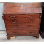 A late Georgian mahogany bureau, fitted interior over 4 graduating drawers, 43"