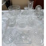 A Waterford Crystal fruit bowl, diameter 9.5"; other Waterford pieces: 4 small bowls; 3 dishes; etc.