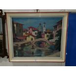 Chandos, French 20th Century: oil on canvas of a continental town scene with canal, signed, 50 cm