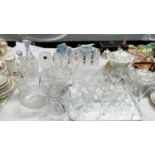 Six cut glass hock glasses, a selection of other cut drinking glasses including decanters and vases.