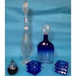 A Royal Brierley etched decanter of elongated form; a blue glass decanter with etched signature; a