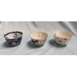 A Chinese blue and white tea bowl with flower mark to base, two other Chinese teal bowls, one with