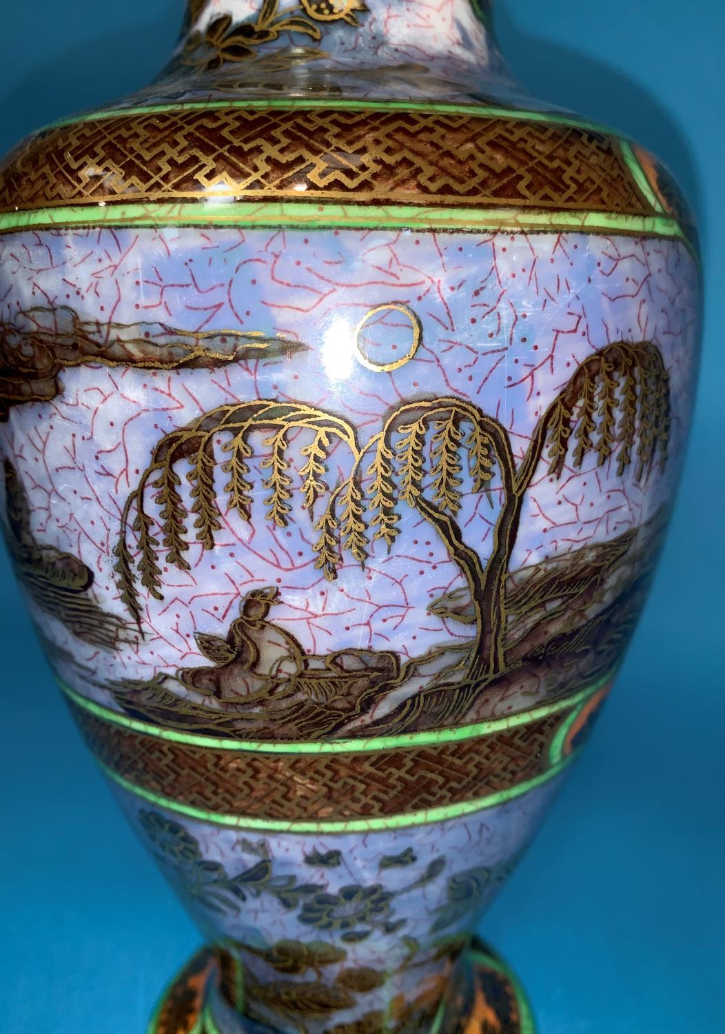 A 1930's Wedgwood lustre baluster vase decorated with chinoiserie scenes of a man in a boat, with - Image 3 of 5