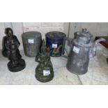 A bronze figure of a monk, another fisher, two pieces of pewter and a Cloisonne pot