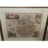Jan Jansson: "Cumberland & Westmorland", hand coloured 18th century map, 17" x 21.5", framed and