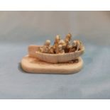 A Japanese carved ivory miniature Okimono depicting 5 people trawling by boat with M.O.P insert mark