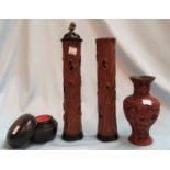 Two Chinese bamboo cylindrical incense burners, one hardwood and one soapstone cover, on hardwood