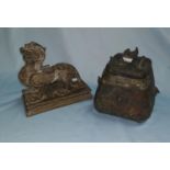 A Chinese bronze and gilt mythical creature, length 13cm and an antique Chinese lidded pot with