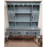 A Georgian style oak high dresser in 'antique shabby chic' grey finish, the 2 height delft rack back