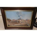 A gauche painting depicting the ruins of Pompeii with volcano in background and gentlemen in 18th