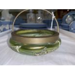 A Pallme Konig style Art Nouveau glass bowl with plated metal mount, floral decoration on iridescent