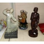 A 20th Century carved Chinese stone figure of a woman, two other figures, one ceramic and one wooden