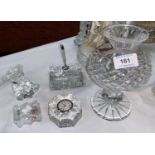 A Waterford Crystal candle lamp, height 7.5"; 4 other pieces: clock/paperweight; pan stand; teddy
