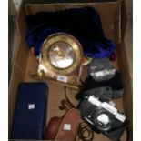 An Art Deco style mirror clock; 2 cameras; a set of gaming chips, boxed; 2 cushion covers