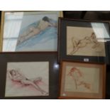 Susan Beattie: crayon and wash study, reclining nude female, signed, 25 cm x 33 cm, framed; 3 others