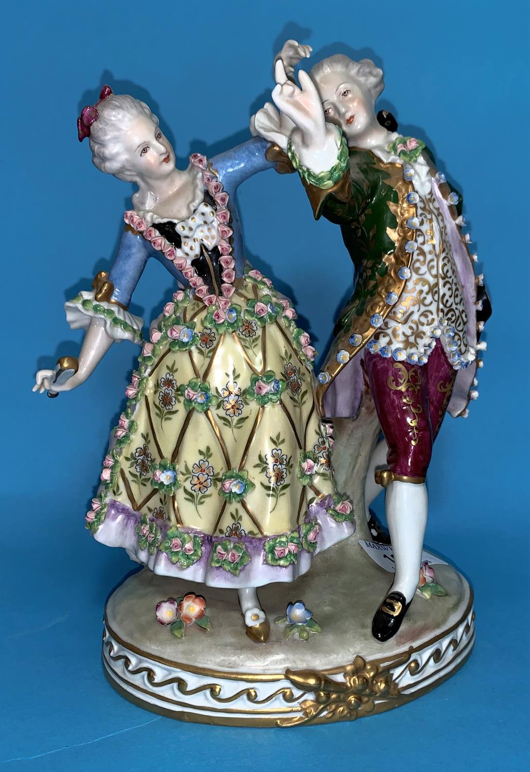 A Dresden style encrusted group of 2 dancing figures in 18th century dress, height 9"; a Dresden - Image 2 of 6