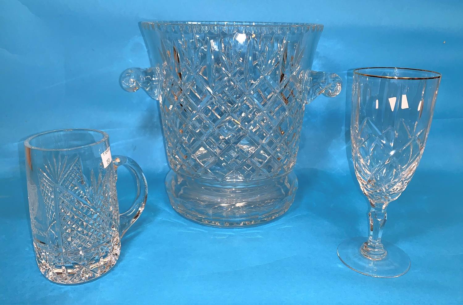 A large cut crystal 2 handled ice pail, height 10"; other glassware