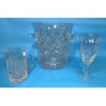 A large cut crystal 2 handled ice pail, height 10"; other glassware