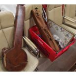 A vintage leather banjo case; a violin case; a shooting stick; a Burberry cap; etc.