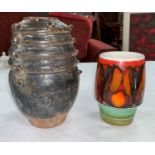 A Poole orange glazed vase, a Briglin vase and a Studio pottery vase etc