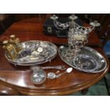 A cut glass and hall marked silver powder jar with mirror to lid, hall marked silver tea strainer,