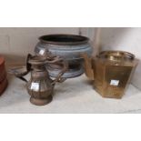 A Chinese brass tea pot, A Nepalese pot and an Indian oil lamp