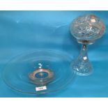 A 1930's cut glass table lamp with mushroom shade; a shallow glass dish on a hallmarked silver foot,