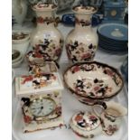 A selection of Mason's Ironstone Mandalay pattern china: a pair of vases, 26 cm; a bowl; a clock,