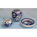 Three pieces of 19th century Chinese blue & white, a small bowl and 2 similar vases decorated with